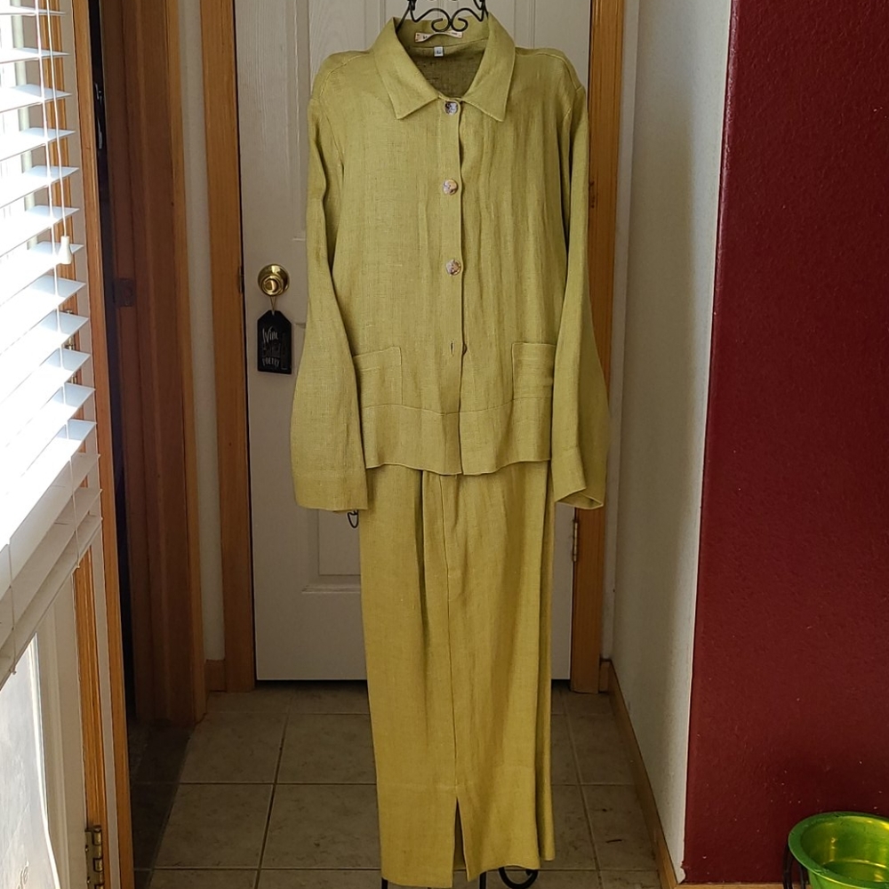 Avocado linen suit by Hannah M